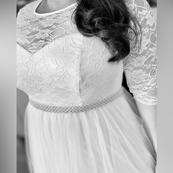 Beautiful Ivory Lace & Tulle Beaded Sash A-Line Wedding Dress sz.18 - Picture 7 of 13